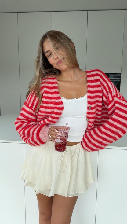 CÁRDIGAN DE RAYAS COLOR CEREZA